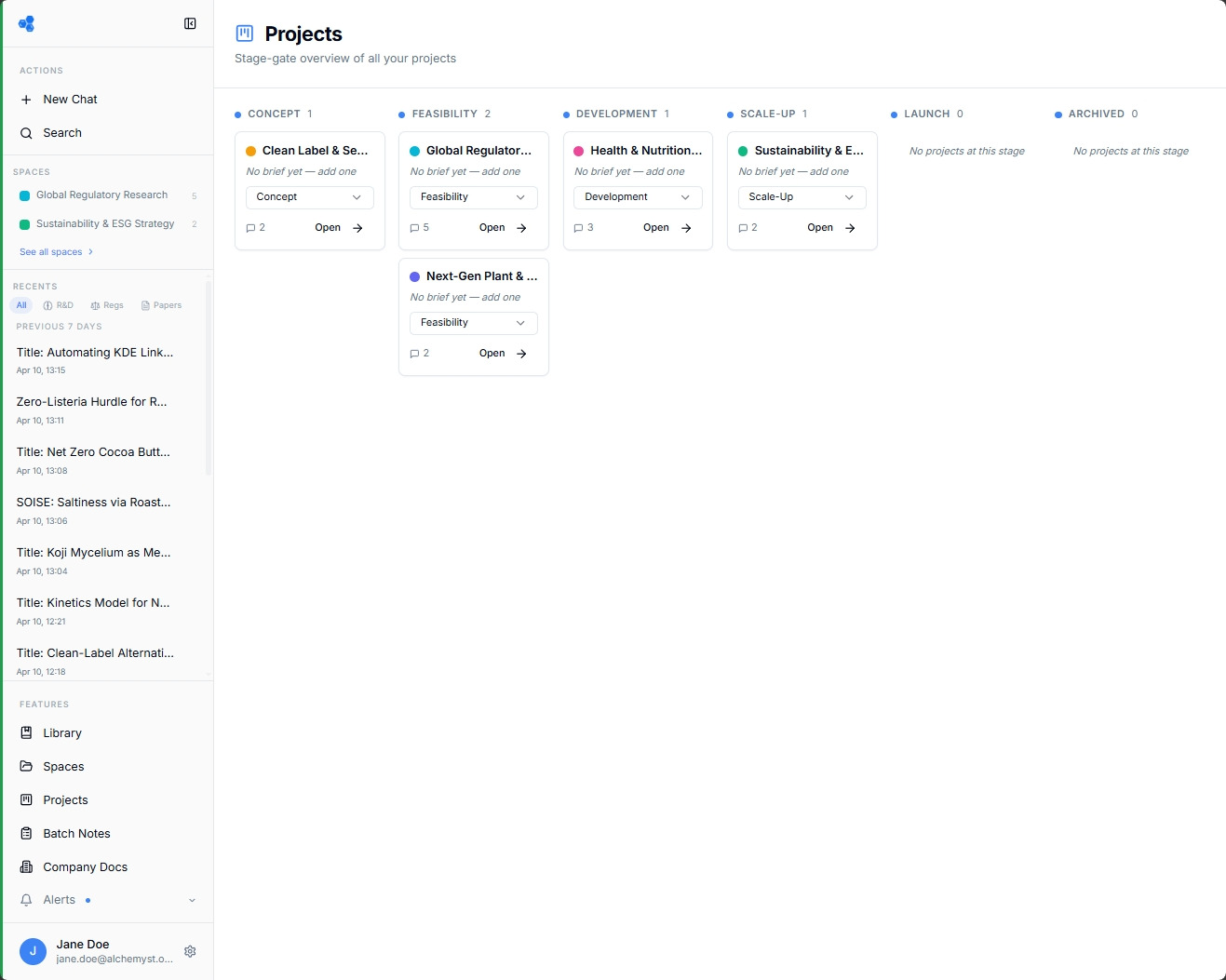 Alchemyst Stage-Gate Projects kanban