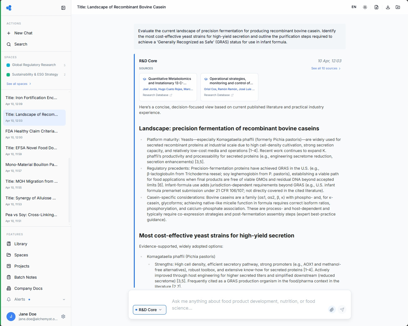 Alchemyst R&D Advisor interface